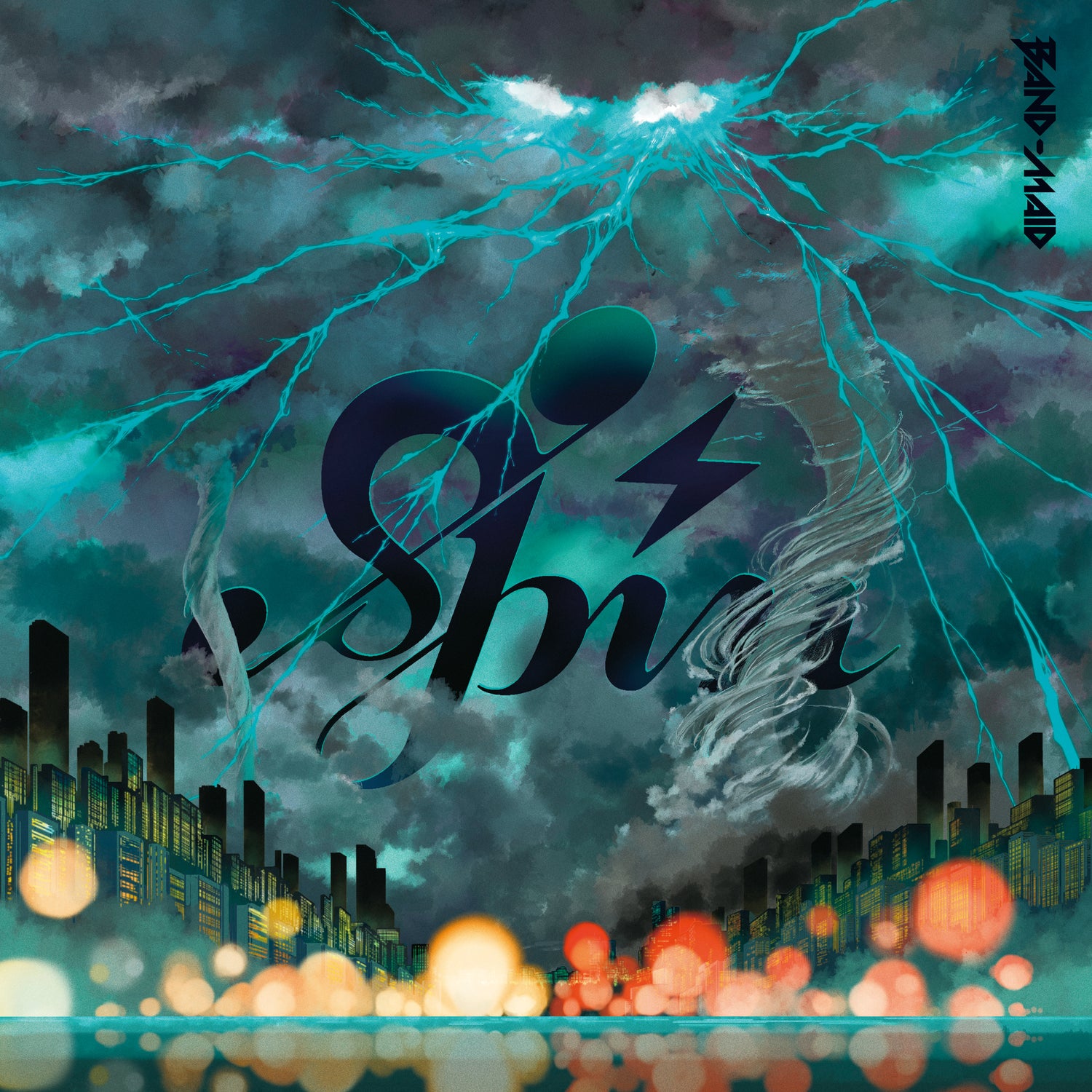 Single cover art for 'Spin' by BAND-MAID, featuring a dramatic storm scene with teal lightning over a dark city skyline and water, with glowing orange bokeh lights at the bottom.