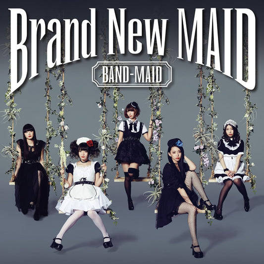 Promotional image for 'Brand New Maid' featuring five women in maid outfits on swings against a gray background.